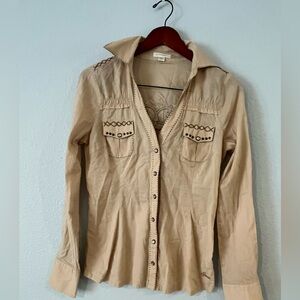 Guess Jeans Beige Dress‎ Shirt Button-down Top Sm western Y2K